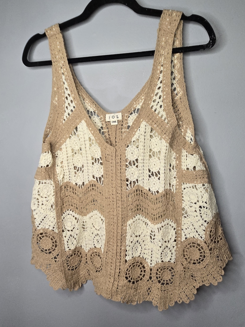 POL One Size Boho Crochet Lace Tank Top Neutral Patchwork Knit Festival Bohemian - Picture 2 of 5